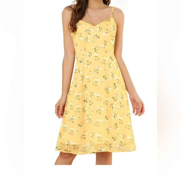 Allegra K Dresses & Skirts - Allegra K Feminine whimsical butter Yellow Floral garden BBq sleeveless Dress